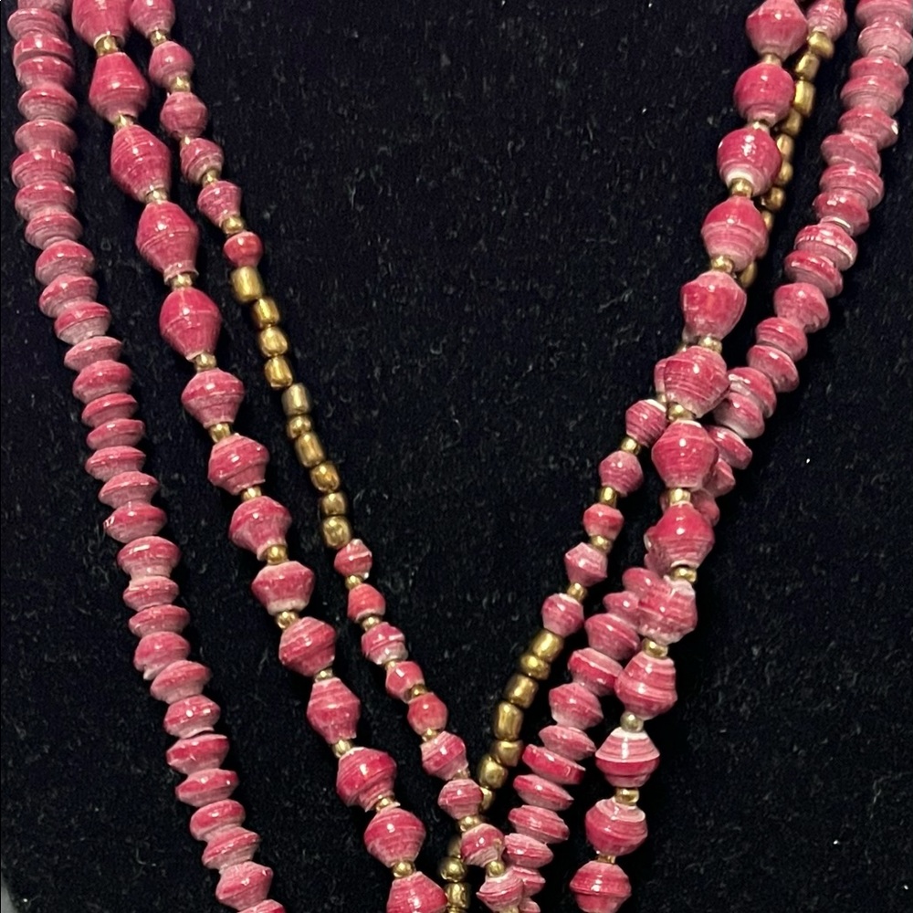 Multi-Strand Layered Hand Rolled Paper Bead Gold Bead Necklace